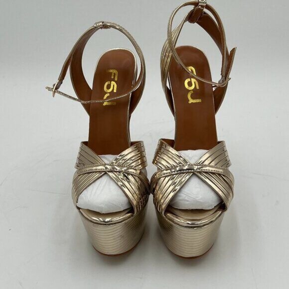 FSJ Gold Lines Strappy Open Toe Platform Ankle Strap High Metallic Heel Sandals - Picture 3 of 6